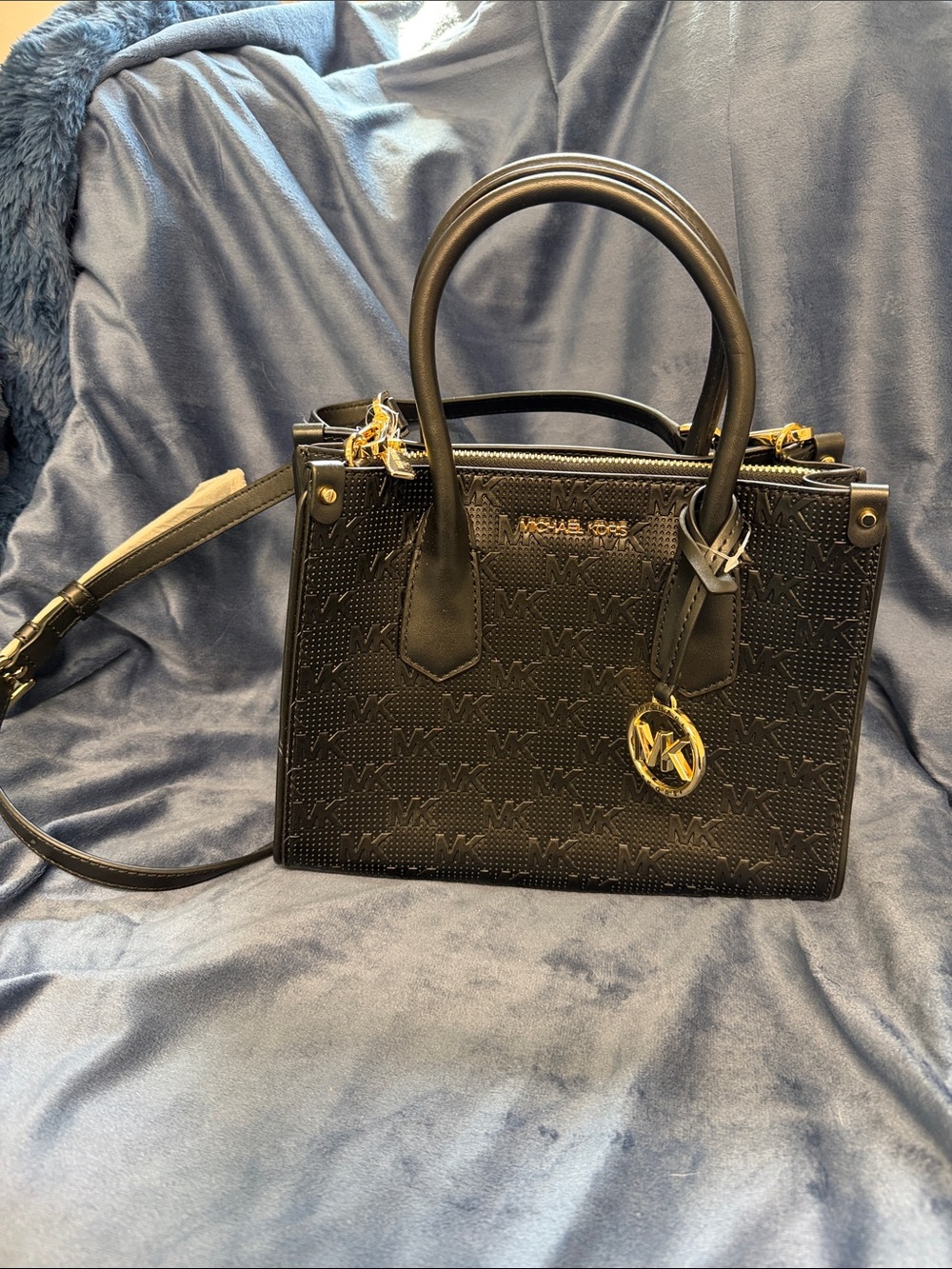 Michael Kors Black Embossed MK Leather Satchel with Gold Hardware